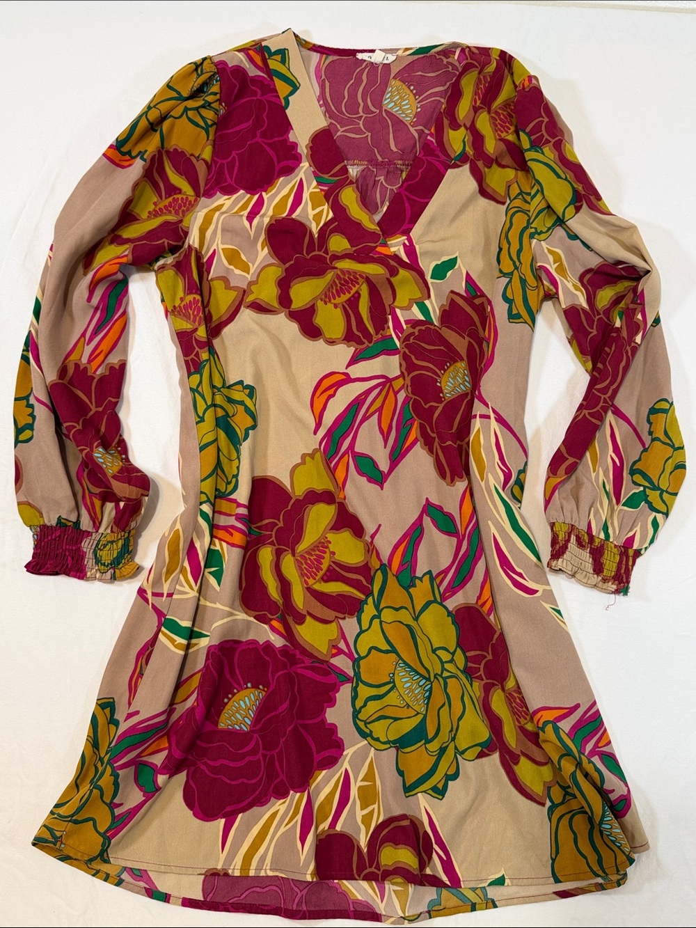 JODIFL Beige Floral V-Neck Long Sleeve Dress with Fuchsia and Mustard Blooms